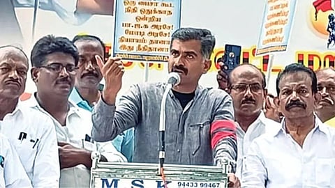 Durai Vaiko, MDMK MP, addressing a protest in Tiruchy on Wednesday