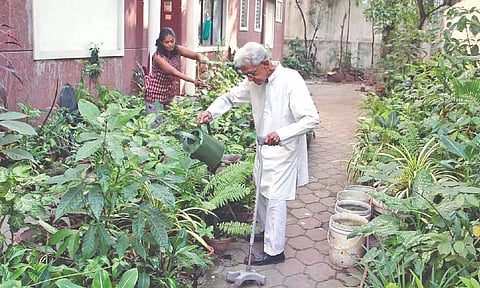 Social activist-green crusader Malini Kalyanam, and father V Kalyanam, tend to their garden (file)