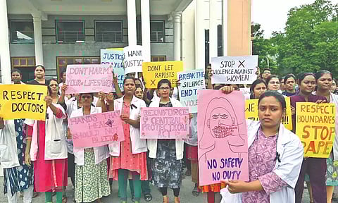 Women student doctors demanding safe workplaces at the Institute of Obstetrics and Gynaecology, Egmore, on Friday