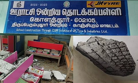 A ceiling of the government school in Kolathur village near Sriperumbudur collapsed on Saturday