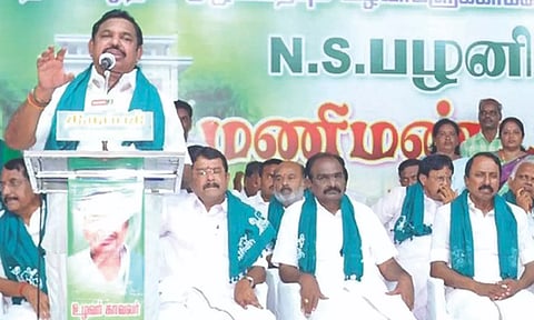 AIADMK general secretary Edappadi K Palaniswami addressing farmers in Tirupur on Sunday
