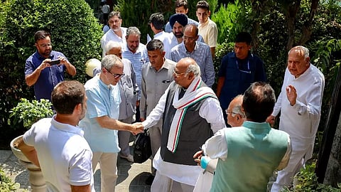 Congress President Mallikarjun Kharge and party leader Rahul Gandhi with J&K National Conference President Farooq Abdullah and Vice President Omar Abdullah