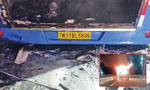 Charred remains of the bus after it went up in flames (inset) in Tiruchy on Friday