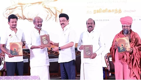 Actor Rajinikanth at the release of the book "Kalaignar ennum thaai" in Chennai