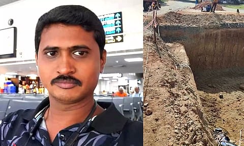 (L-R) Karthik, Bike in the 16-foot deep pit on the Perur-Siruvani main road