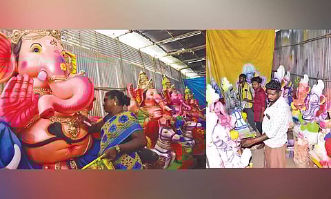 Annapoorani giving finishing touches to idols she had made; devotees inspecting the idols for purchase