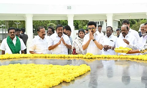 Stalin paid floral tribute at Anna's memorial located at Kamarajar Road on the occasion of his visit to America.
