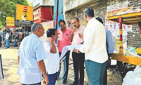 Highways Department Secretary R Selvaraj inspects the FOB construction site on Jawaharlal Nehru Salai on Tuesday
