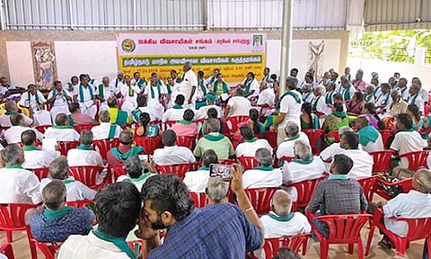 SKM farmer leaders participating in the state conference in Tiruchy on Tuesday 