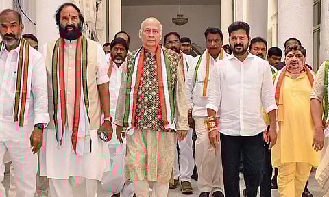 Telangana Chief Minister A. Revanth Reddy during filing of nomination of Congress leader Abhishek Manu Singhvi as Rajya Sabha candidate from Telangana state, in Hyderabad (PTI)