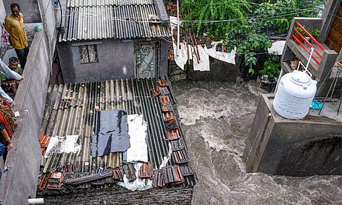 Waterlogging at Ramnath Mahadev temple after heavy rains, in Rajkot (PTI)