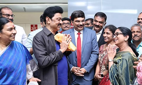 Tamil Nadu Chief Minister MK Stalin being welcomed upon his arrival in San Francisco (PTI)