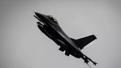 The Ukrainian Air Force’s F-16 fighter jet flies in an undisclosed location in Ukraine (AP)