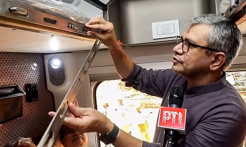 Railway Minister Ashwini Vaishnaw at the foundation stone laying of standard and Broad Gauge rolling stock manufacturing facility (PTI)