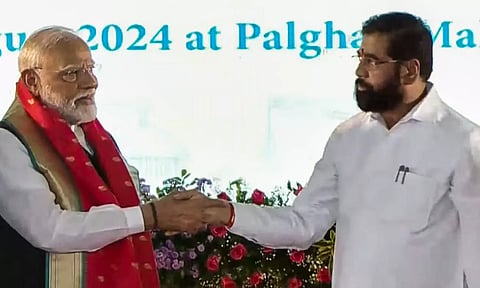 PM Narendra Modi with Maharashtra CM Eknath Shinde during laying of the foundation stone of Vadhvan Port and launching of development works (PTI)