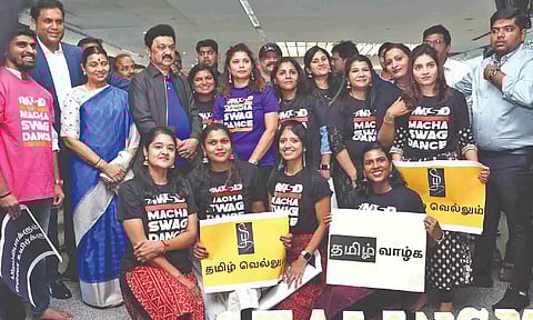 Chief Minister MK Stalin and Industries Minister TRB Rajaa with Non-Resident Tamils living in the US