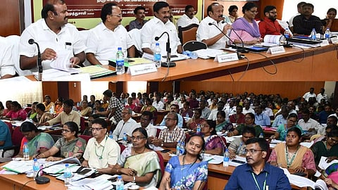 Minister MRK Panneerselvam at the farmers meeting in Coimbatore on September 3, 2024