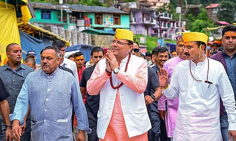 Uttarakhand Chief Minister Pushkar Singh Dhami during his visit to inspect the disaster-affected areas following cloudbursts (PTI)
