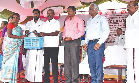 Ma Subramanian and officials during the inauguration of completed projects in Ariyalur on Wednesday