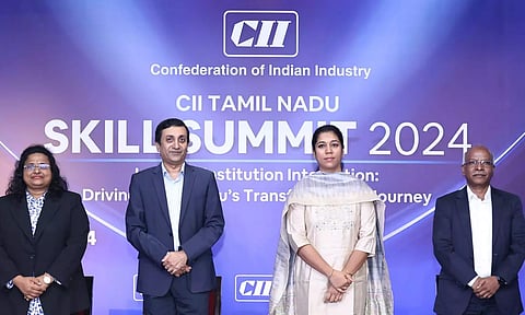  L-R: Rajalakshmi Subramanian, , Convenor, CII Tamil Nadu Skills Summit 2024 & director, Career Tree HR Solutions, Srivats Ram, Sudha S, Kaniappan, Convenor-Skill Panel, CII TN & MD, ZF Commercial Vehicle Control Systems.