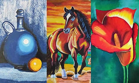 (L-R) Artwork by Joshnikha; 11-year-old Madhumitha's artwork; 5-year-old P Sai Badri's art