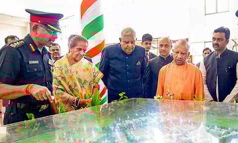 Vice President Jagdeep Dhankhar and Uttar Pradesh Chief Minister Yogi Adityanath during the inauguration of shooting range at Sainik School, in Gorakhpur (PTI)