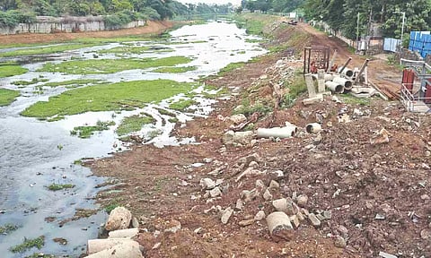 A mound of debris dumped on the Adyar river bank (Photo: Justin George)