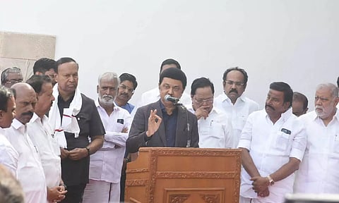 CM Stalin during the press meet at Chennai airport (Photo credit: Justin George)