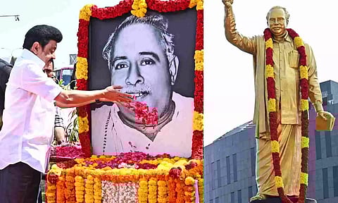 Chief Minister MK Stalin on Sunday paid tributes to the former chief minister CN Annadurai on the occasion of his 116th birth anniversary