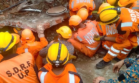 Rescue operation underway on the second day after a house collapsed, in Meerut (PTI)