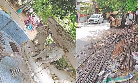 Non-functional fountatin an eye sore and (right) construction debris outside the park