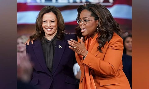 Democratic presidential nominee and US Vice President Kamala Harris and Oprah Winfrey attend campaign event in Detroit (Credit: ANI)