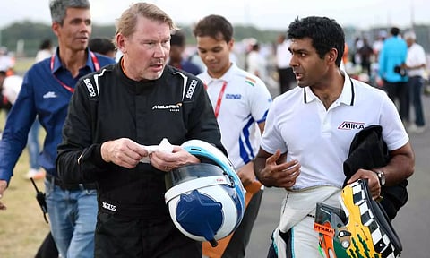  Mika Hakkinen along with Karun Chandhok at the M.I.K.A track on Thursday (Photo credit: Manivasagan N)