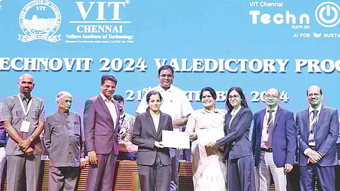 TRB Rajaa, Immanni Deepa Venkat, Dr Sekar Viswanathan with achievers during the Techno VIT ’24 function