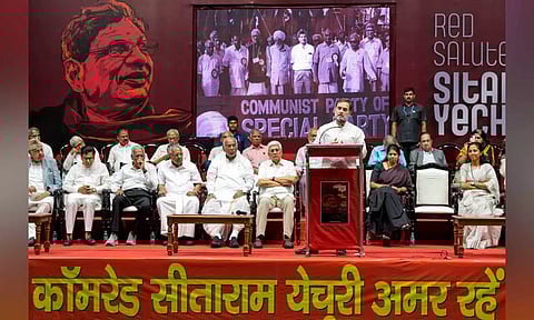 Kerala Chief Minister Pinarayi Vijayan and other leaders during the prayer meeting of late CPI (M) General Secretary Sitaram Yechury (PTI)