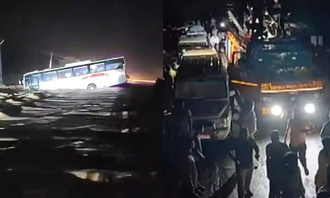 27 pilgrims rescued from a bus that was stranded on a flooded causeway in Bhavnagar district of Gujarat.