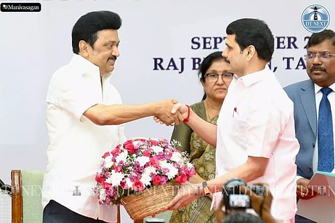 Tamil Nadu Chief Minister MK Stalin wishes V Senthilbalaji upon his re-induction as minister in the swearing-in ceremony at Raj Bhavan, on September 29, 2024. (Photo | Manivasagan N)