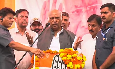Congress President Mallikarjun Kharge addresses a public meeting amid ongoing Jammu and Kashmir Assembly polls, in Jasrota (PTI)
