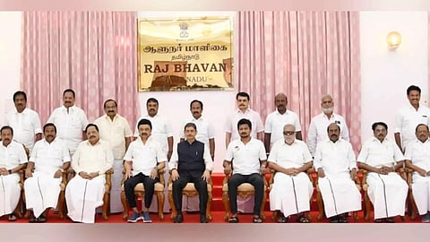Photocall: The Tamil Nadu Cabinet with the newly-inducted ministers at their swearing-n ceremony at Raj Bhavan in Chennai on Sept 29, 2024 (TN DIPR)