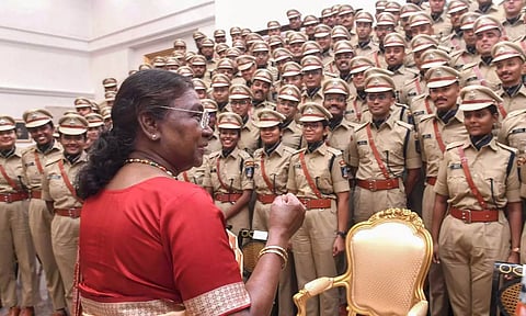 President Droupadi Murmu meets a group of Indian Police Service probationers of 76 RR (2023 batch), at Rashtrapati Bhavan in New Delhi (PTI)