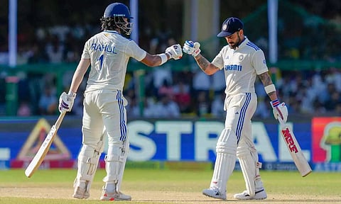  India's batters Virat Kohli and KL Rahul during the fourth day of the 2nd Test cricket match between India and Bangladesh (PTI)