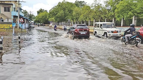 An inundated road in Palayamkottai following heavy downpour on Sunday night