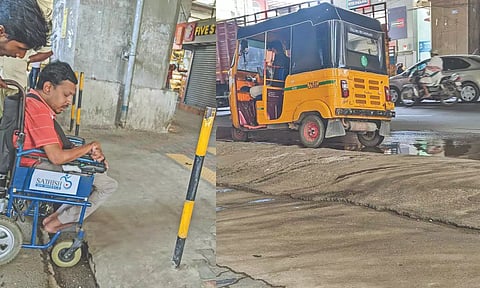 (L-R) Wheelchair getting stuck in a two-metre gap at one of the entrances to station; A big speed breaker on the pathway towards the lift at St Thomas Mount Metro station