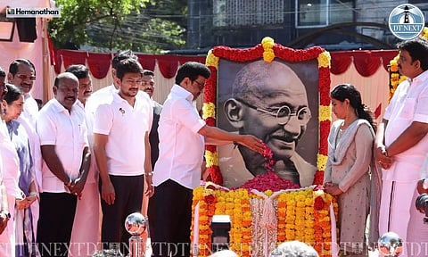 CM MK Stalin along with Deputy CM Udhayanidhi Stalin and other party cadres, paid respects to the Gandhi statue in Chennai (Photo: Hemanathan.M)