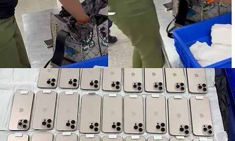 Combo photo shows 26 iPhone 16 Pro Max mobile phones seized by customs officials at IGI airport from a lady passenger travelling from Hongkong to Delhi (PTI)