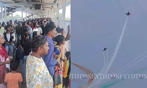 (L-R) Crowd watching the air show in Chennai beach railway station; Suryakiran display team with tricolour smoke breaks formation ( photo credit : Manivasagan)
