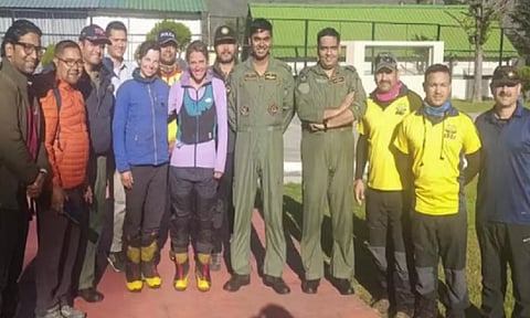 Two foreign women mountaineers, who were stranded at a height of 6,015 metres on the way to the Chaukhamba III peak in Uttarakhand's Chamoli district, after being rescued on Sunday (X)