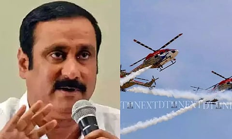 PMK president Anbumani Ramadoss; Sarang helicopter display team performs a level cross during air show in Chennai (Photo: Manivasagan N)