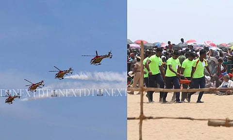 Sarang helicopter team in action at the mega air show in Chennai; volunteers carry spectators who took ill at Marina beach on Oct 6, 2024. (Photos | Manivasagan)