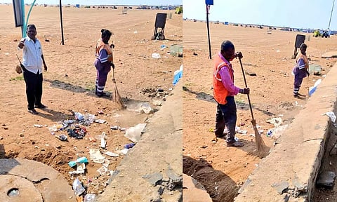 GCC workers cleaning waste at Marina Beach (Photo: X@chennaicorp)